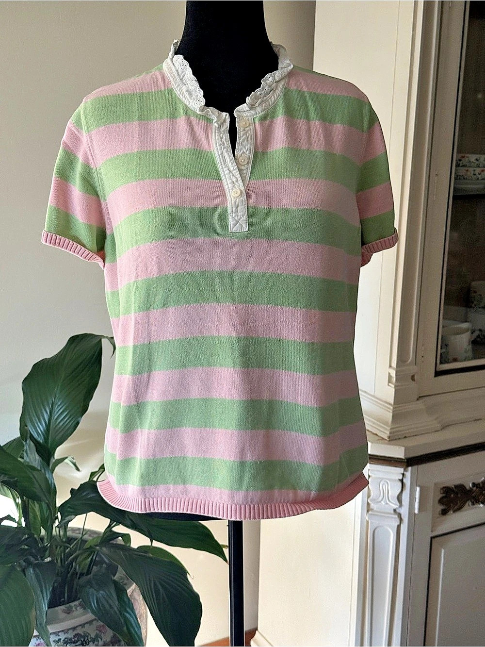 Tommy Hilfiger Striped Short Sleeve Top in Pink & Green Size XL Like New